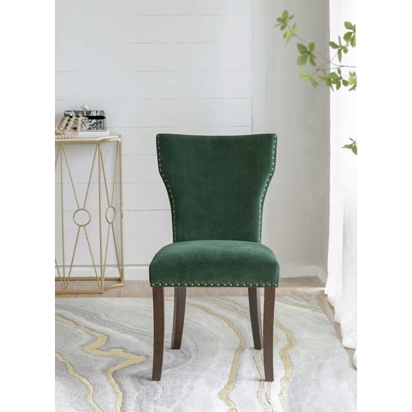 Velvet Armless Nail Head Wooden Dining Chairs 37" Green and Brown 2Ct